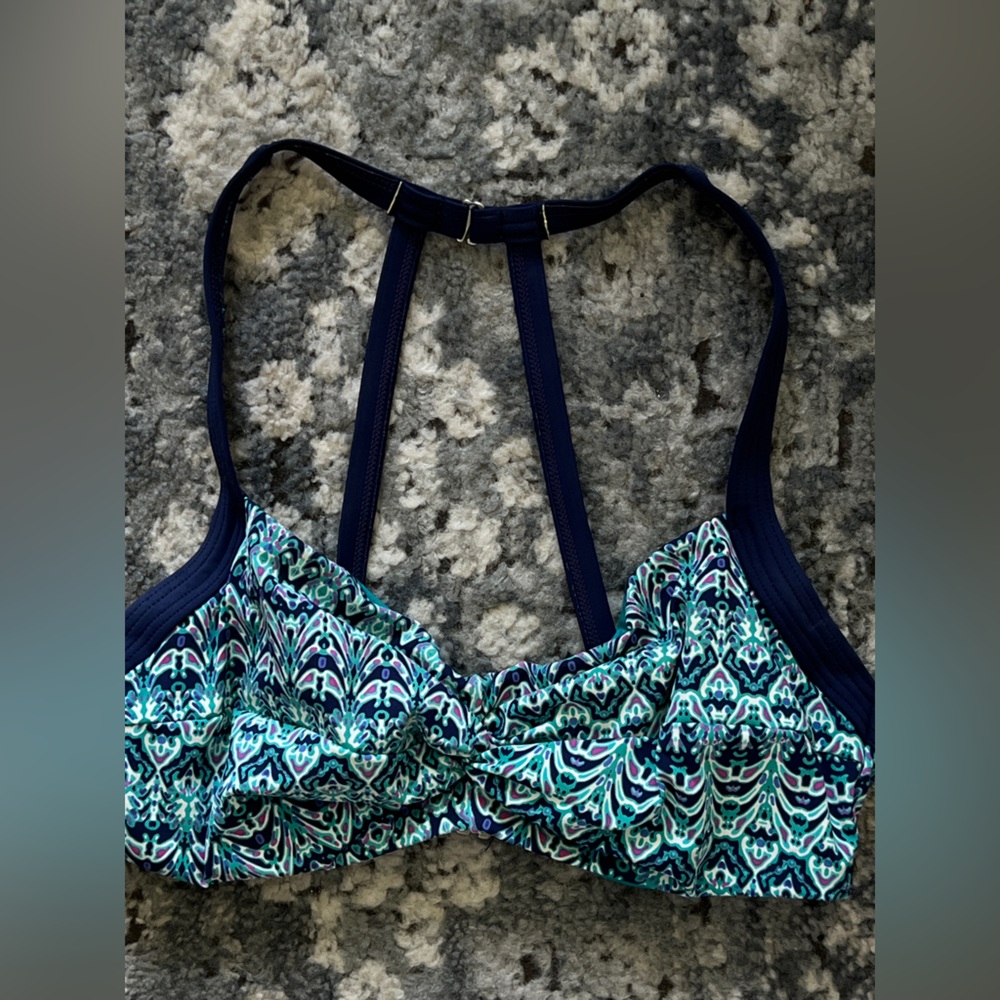 TITLE NINE pele bikini top paisley twisted navy teal white purple underwire 32C